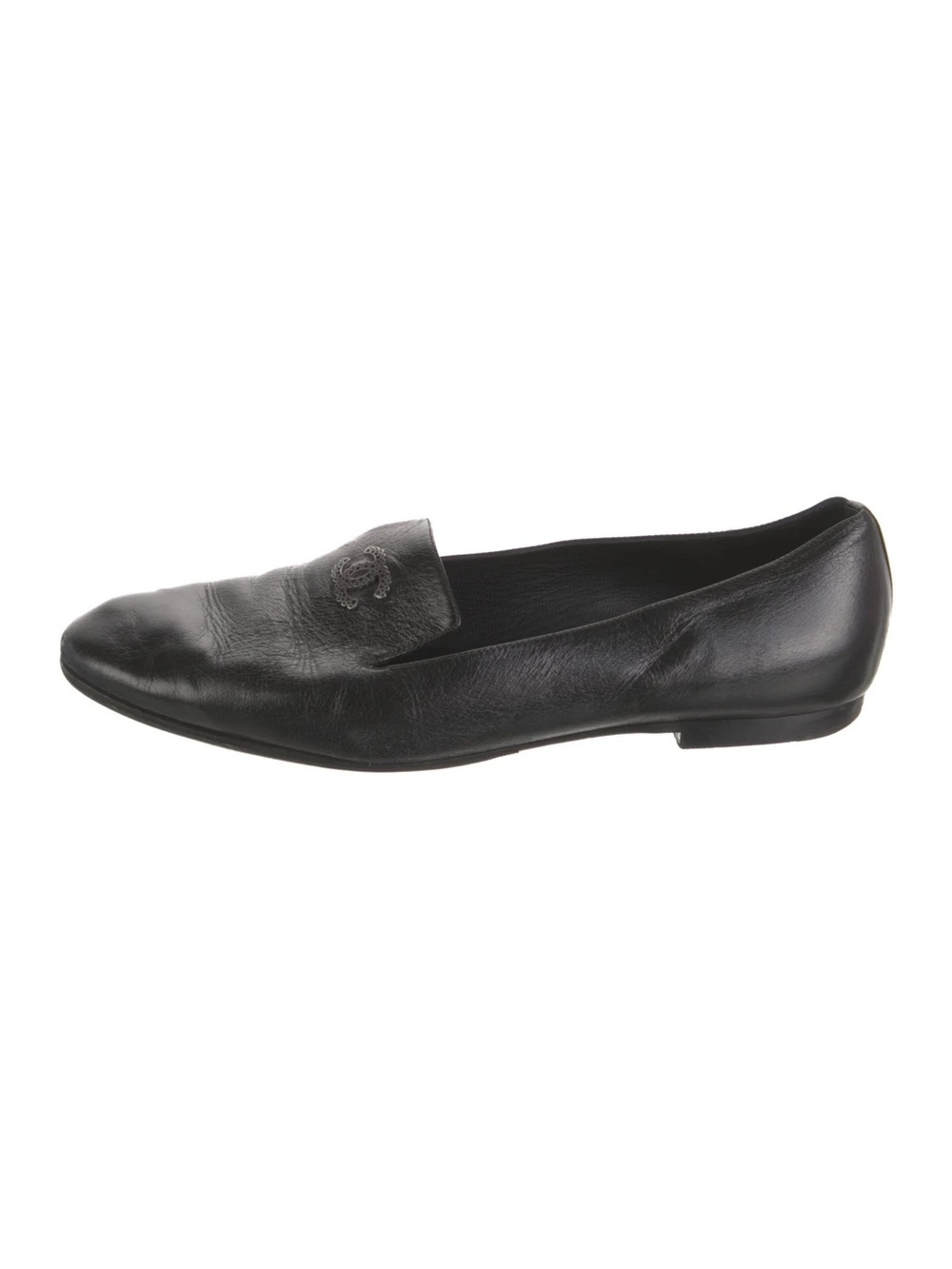 CHANEL Black Leather Slip-On Loafers with Silver CC Emblem